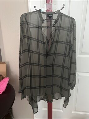 a.n.a Olive Plaid Sheer V-Neck Tunic Top